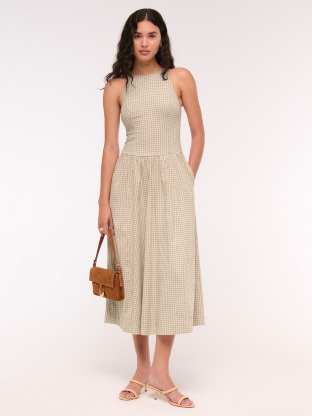 Abercrombie & Fitch High-Neck Drop-Waist Midi Dress in the Light Brown Check M